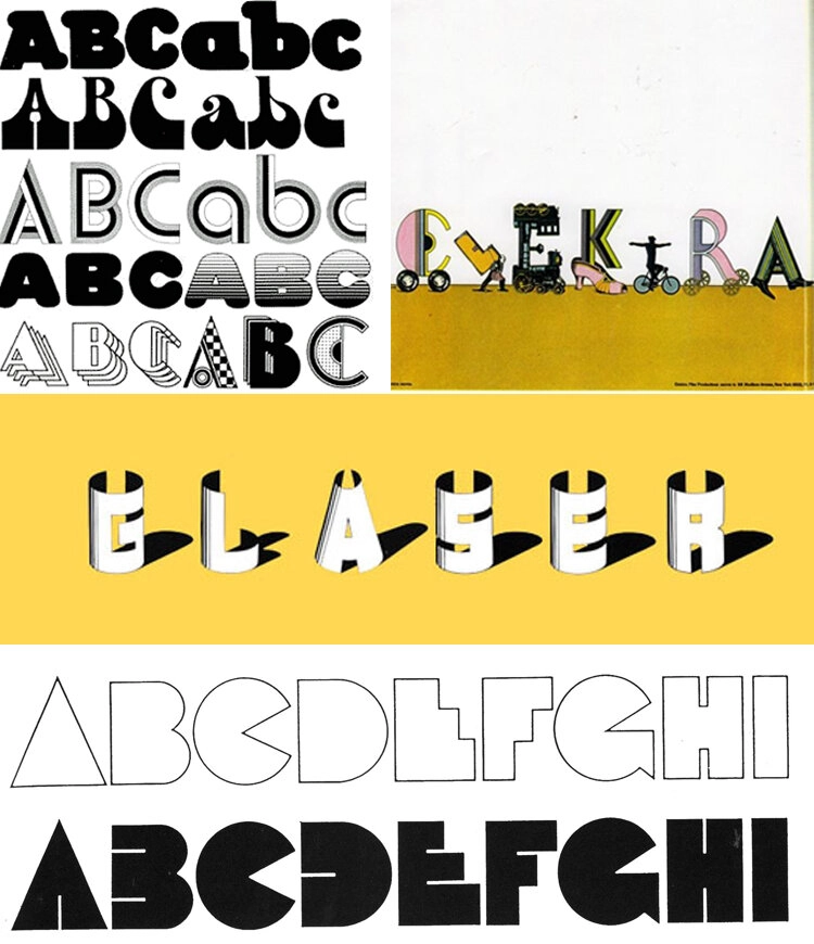Seymour Chwast (left) - display typefaces design. Seymour Chwast – moving announcement for Elektra Productions, 1965. Milton Glaser (middle) – Hologram Shadow font, 1977. Milton Glaser (bottom) – Baby Teeth font, an iconic funky typography, 1964.